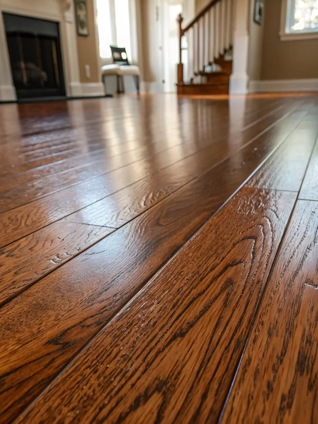 A picture of a newly finished hardwood floor with a glossy finish, reflecting light and showcasing the final result of K&J Flooring's refinishing process.