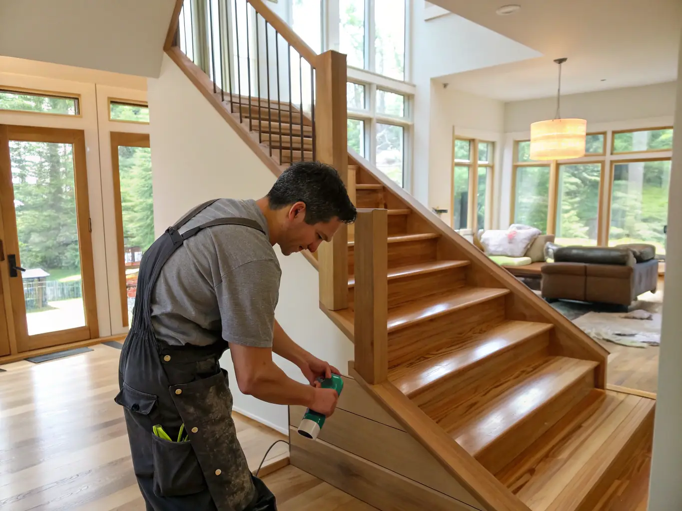 A craftsman carefully installing a wooden stair tread, highlighting the attention to detail and quality materials used by K&J FLOORING.