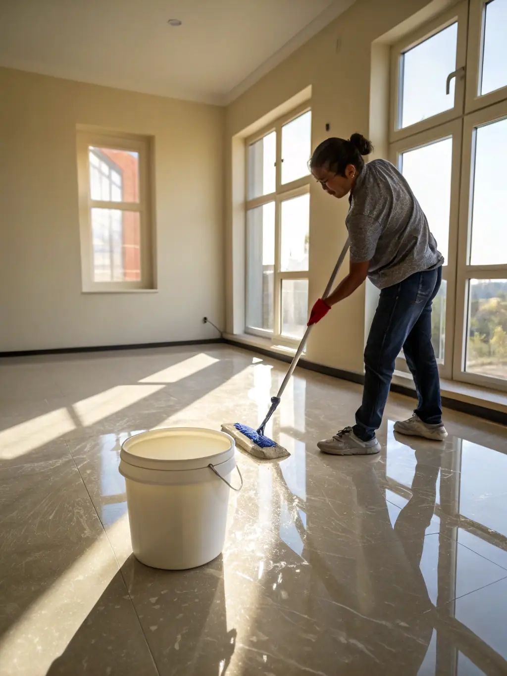 A person easily cleaning a laminate floor with a mop, demonstrating the ease of maintenance and cleaning.
