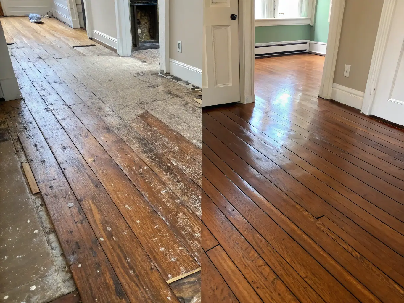 A before-and-after image showcasing a worn, scratched hardwood floor next to a newly refinished floor with a smooth, even surface and vibrant color. This visually demonstrates the transformative power of professional refinishing.