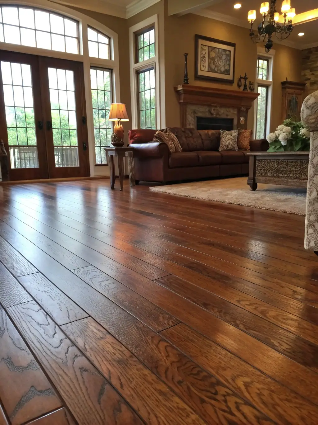 A wide shot of a prefinished floor installed in a modern living room, emphasizing its aesthetic appeal and the ease of matching it with various interior styles.