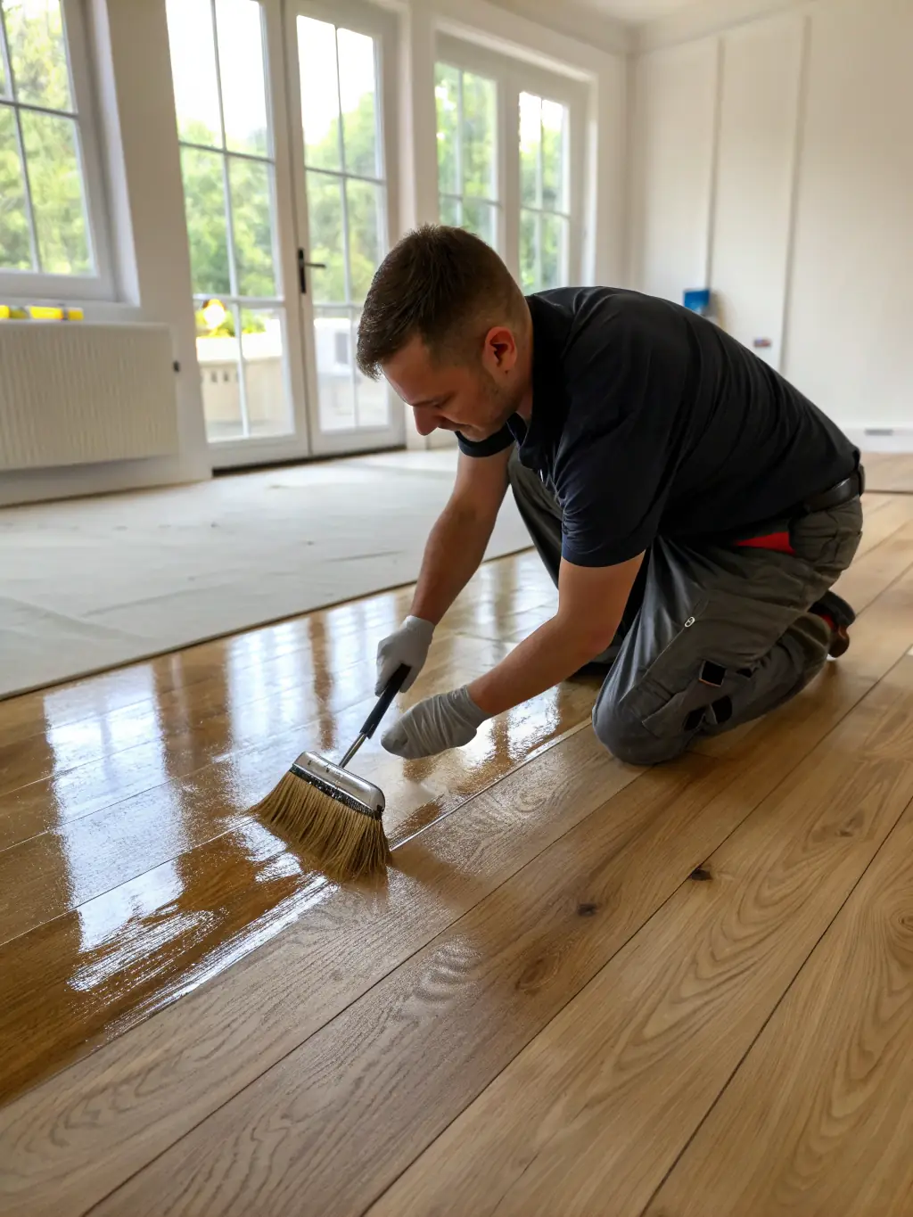 An image of a technician applying a sealant to a freshly stained hardwood floor, emphasizing the sealing process for protection.