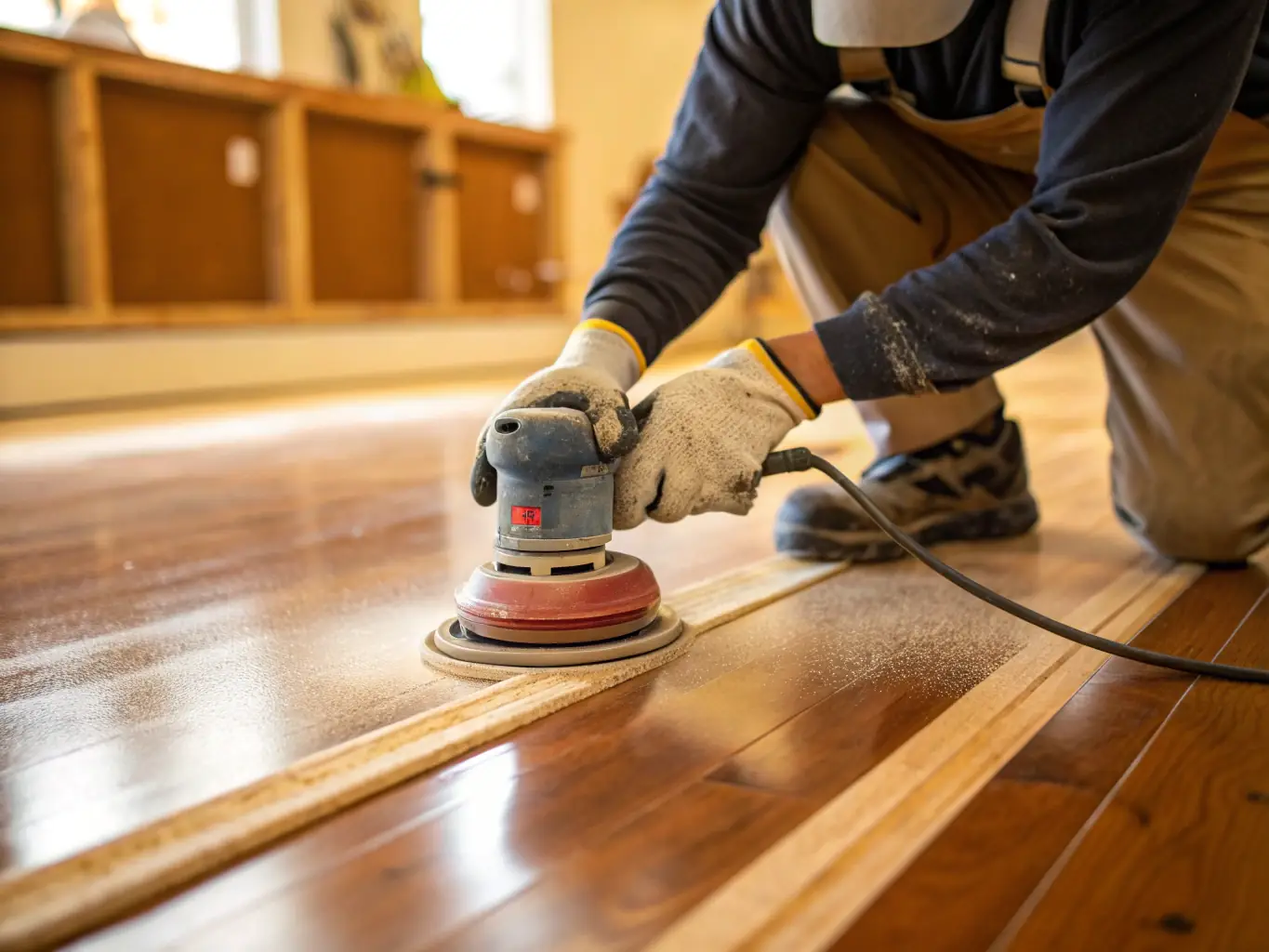 An image of a K&J Flooring technician carefully sanding a hardwood floor, highlighting the precision and expertise involved in the refinishing process. The technician is wearing safety gear, emphasizing the professional approach.