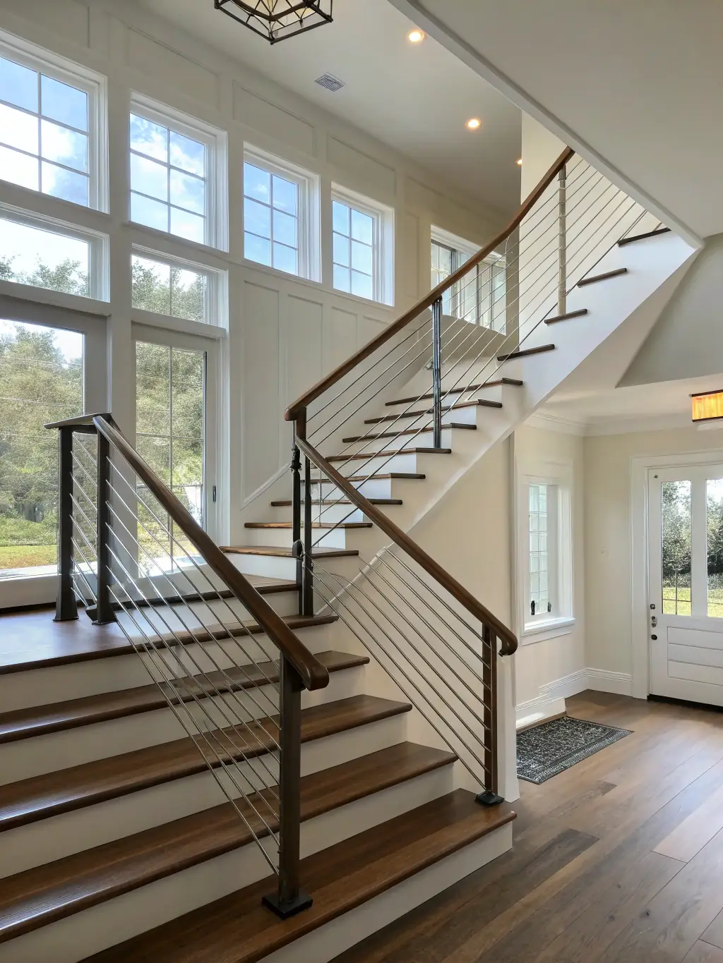A modern staircase featuring sleek metal railings with glass panels, creating a minimalist and open design. The background shows a contemporary living space with clean lines and neutral colors.