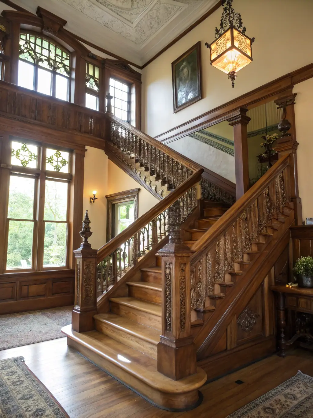 A staircase with wrought iron railings featuring intricate designs, adding a touch of old-world charm and elegance. The staircase is set in a home with traditional decor and warm lighting.