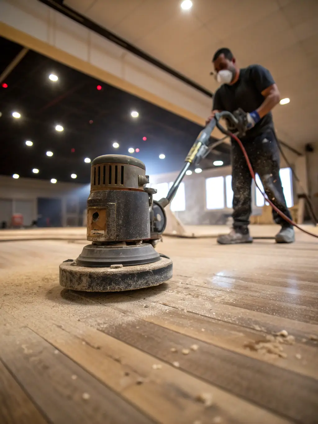 A close-up shot of a hardwood floor being sanded, with dust particles visible in the air, highlighting the initial sanding process by K&J Flooring.