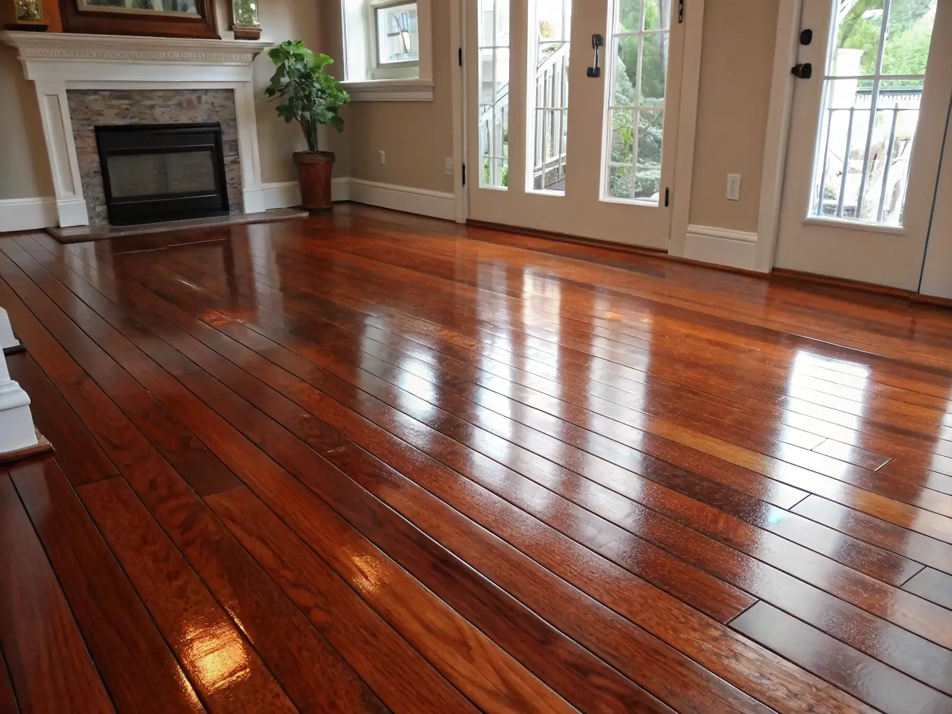 A close-up shot of a durable, dark-stained hardwood floor in a high-traffic area, showing its resistance to scratches and wear. The floor is clean and well-maintained, highlighting its long-lasting quality and minimal upkeep requirements.