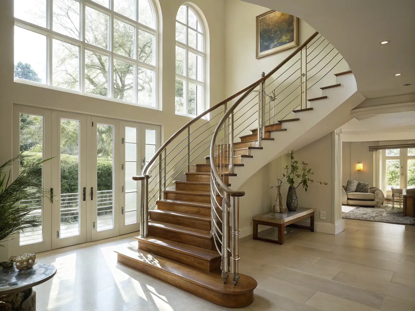 A beautifully designed staircase with wooden railings in a modern home, showcasing the aesthetic appeal and craftsmanship of K&J FLOORING's installations.