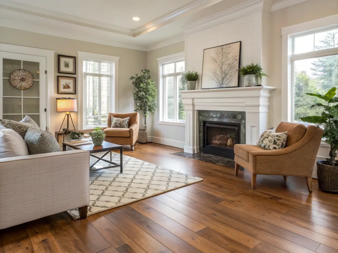 A real estate listing photo showcasing a home with beautifully refinished hardwood floors, emphasizing its appeal to potential buyers. The photo highlights the floor's contribution to the home's overall value and marketability.