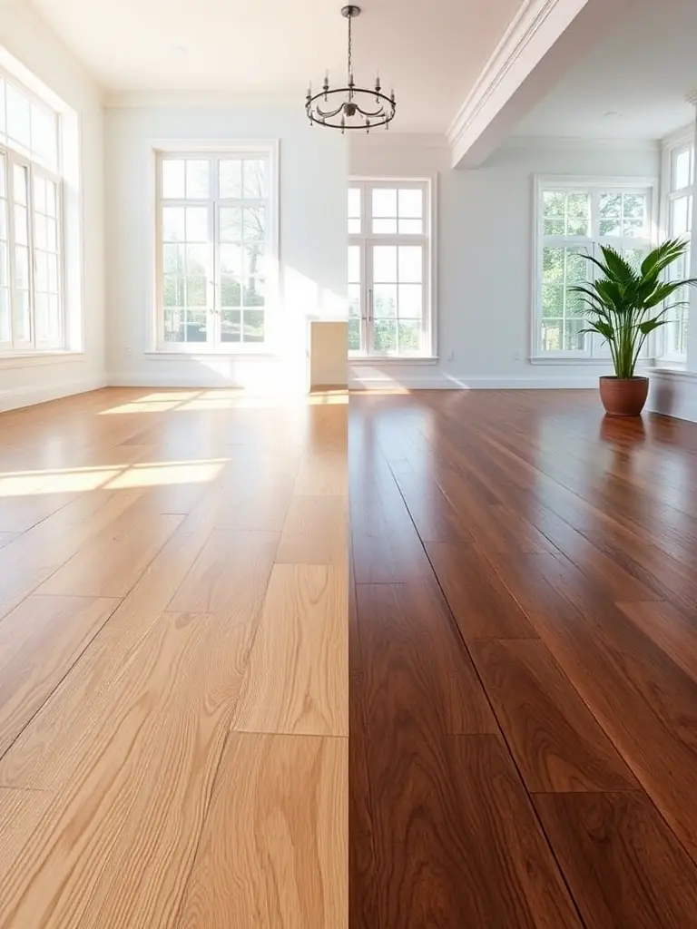 A split image showing the cost comparison between laminate flooring and hardwood flooring, visually representing the cost-effectiveness of laminate.