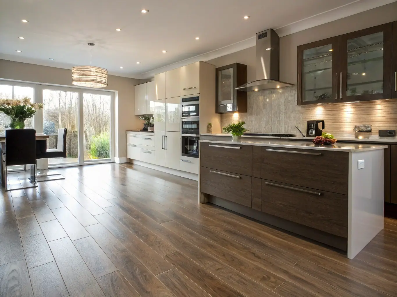 A newly installed laminate floor in a modern kitchen, featuring a realistic wood-grain pattern and a clean, seamless appearance.