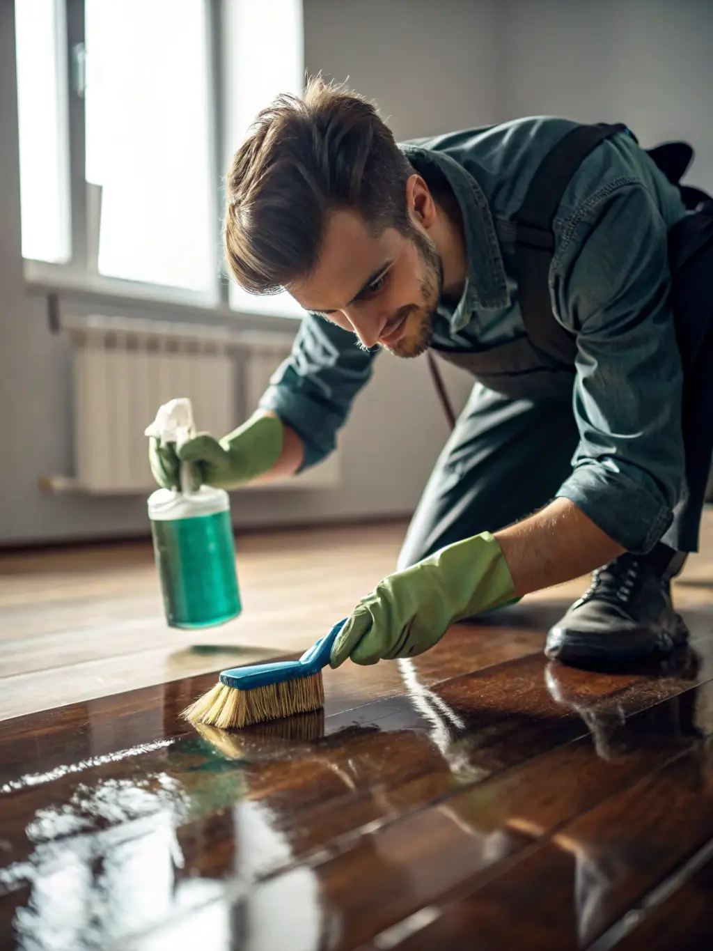 A photo showcasing a variety of wood stain colors being applied to different sections of a hardwood floor, demonstrating K&J Flooring's staining options.