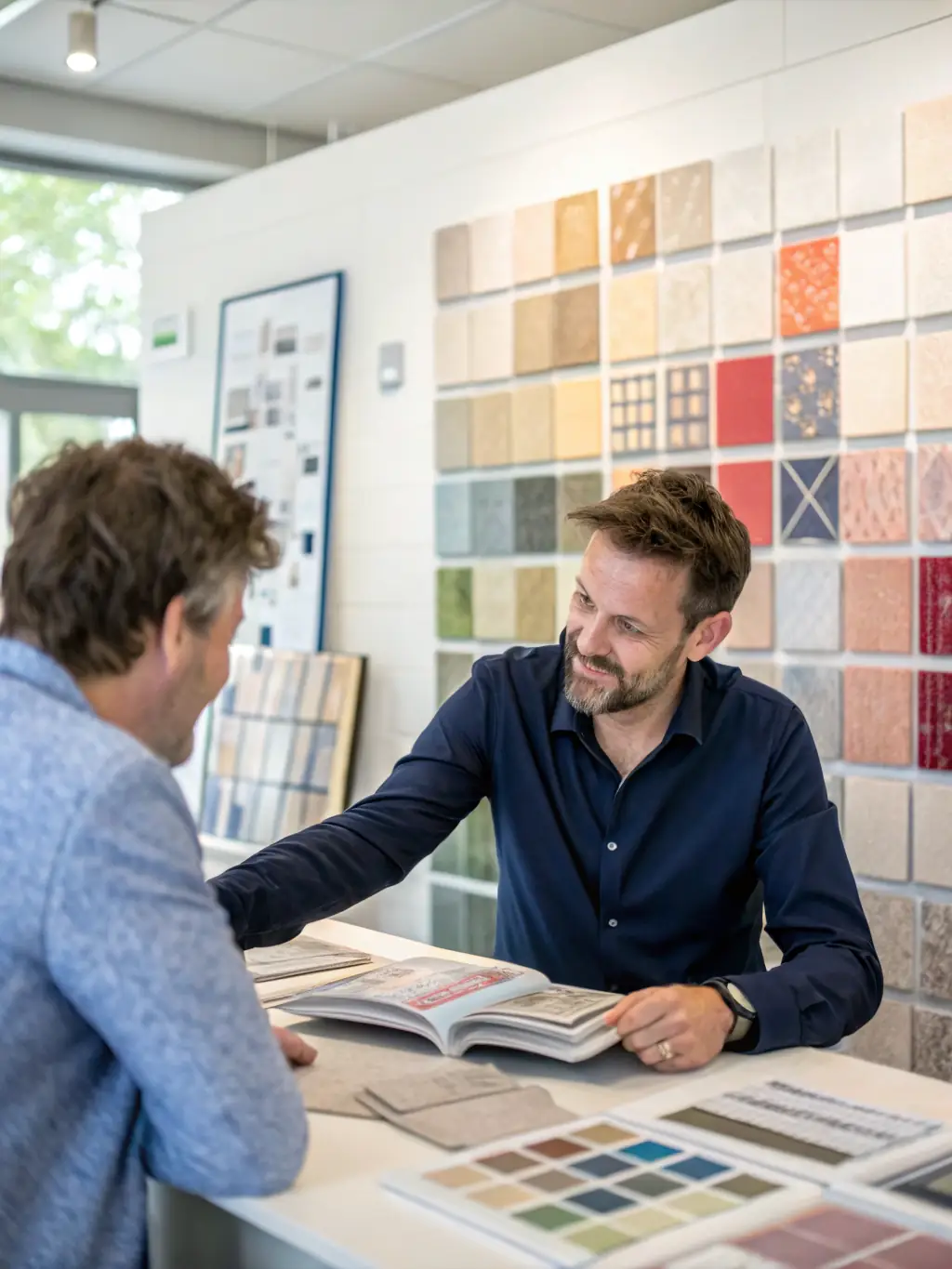 A friendly K&J Flooring representative sitting with a client, reviewing a detailed estimate breakdown on a tablet, emphasizing transparency and clarity.